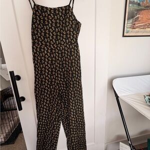 Anthropologie Black Floral Spaghetti-Strap Jumpsuit with Yellow Print
